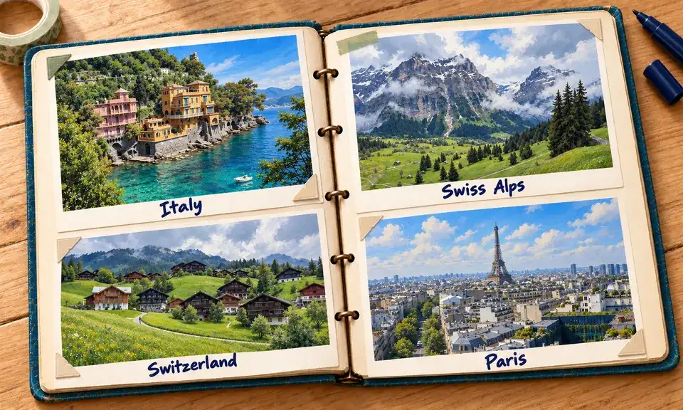 Open travel journal with pictures of Italy, the Swiss Alps, Switzerland and Paris.
