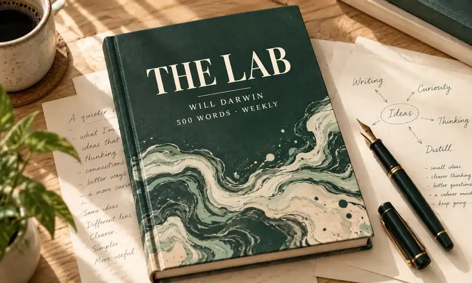 Green book titled The Lab on a desk with handwritten notes, a fountain pen and coffee.