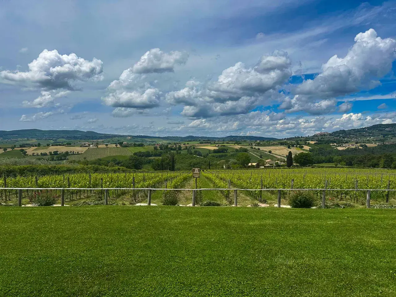 Rolling green countryside under a cloudy sky