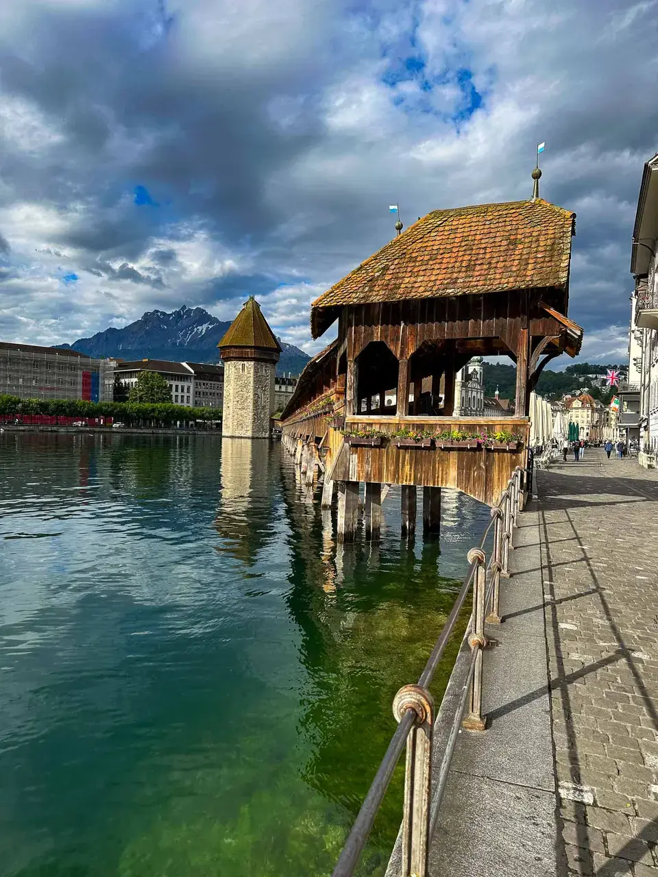 A calm lake with a town along its shore