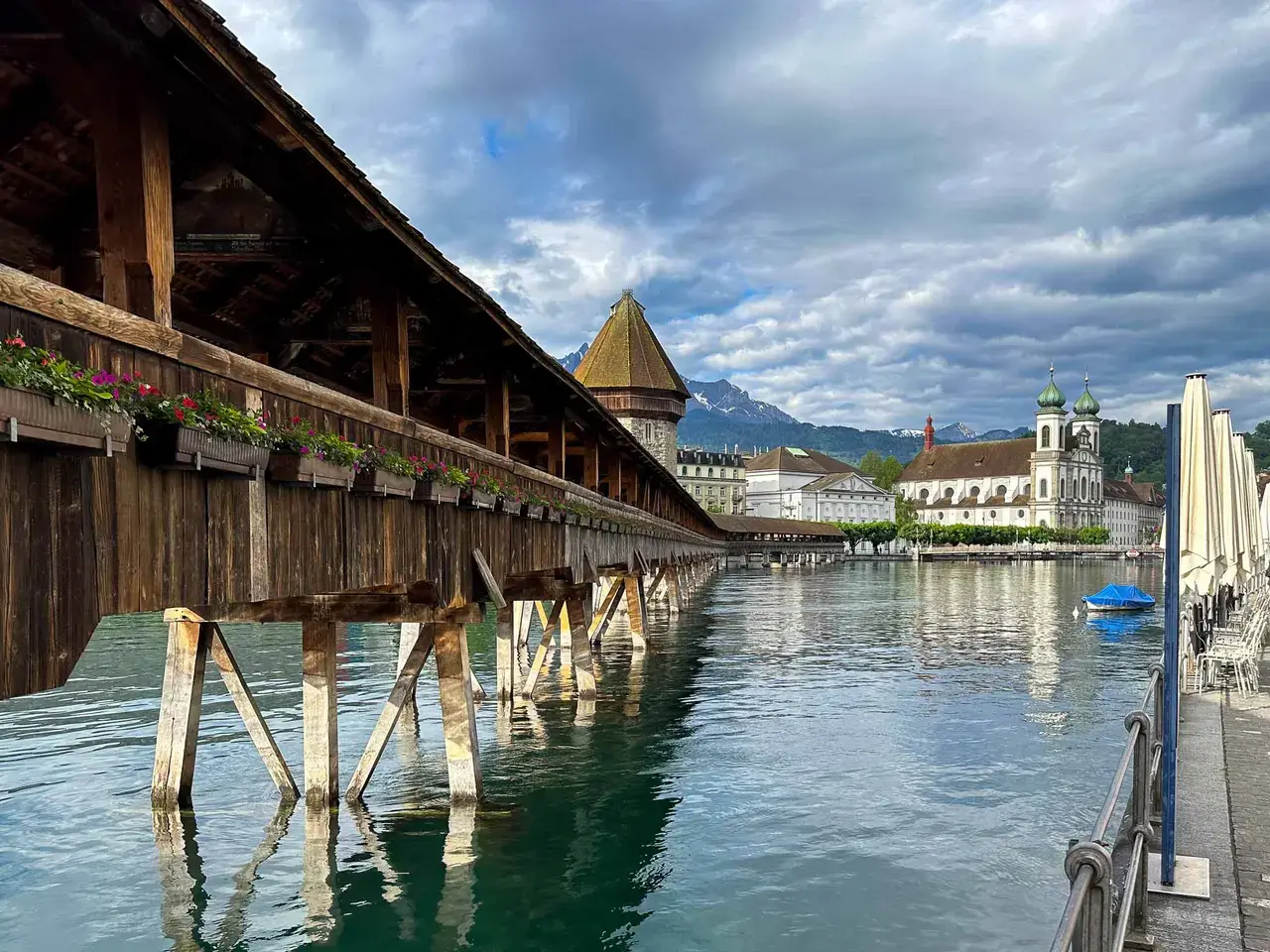 Lucerne's wooden Chapel Bridge crossing the river