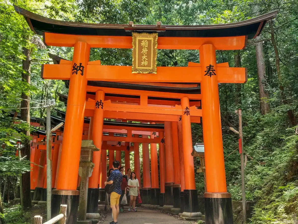 Photograph of the vermilion torii gates at Fushimiinari Shrine in Japan