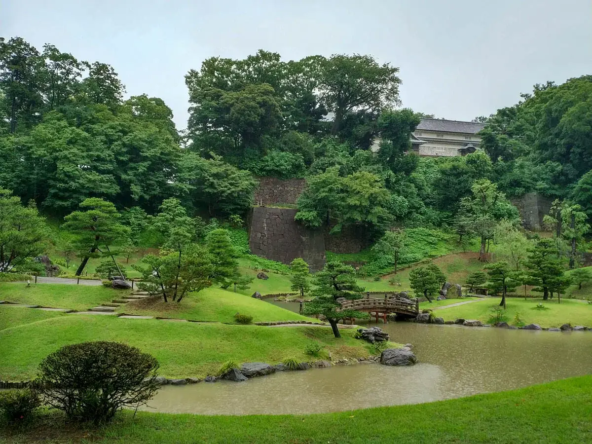 Photograph of the gardens below Kanazawa Castle in Japan
