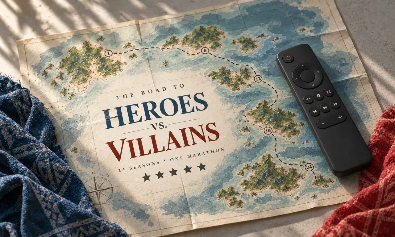 The Road to Heroes vs. Villains printed on an island map with a numbered route, beside a TV remote and blue and red fabric