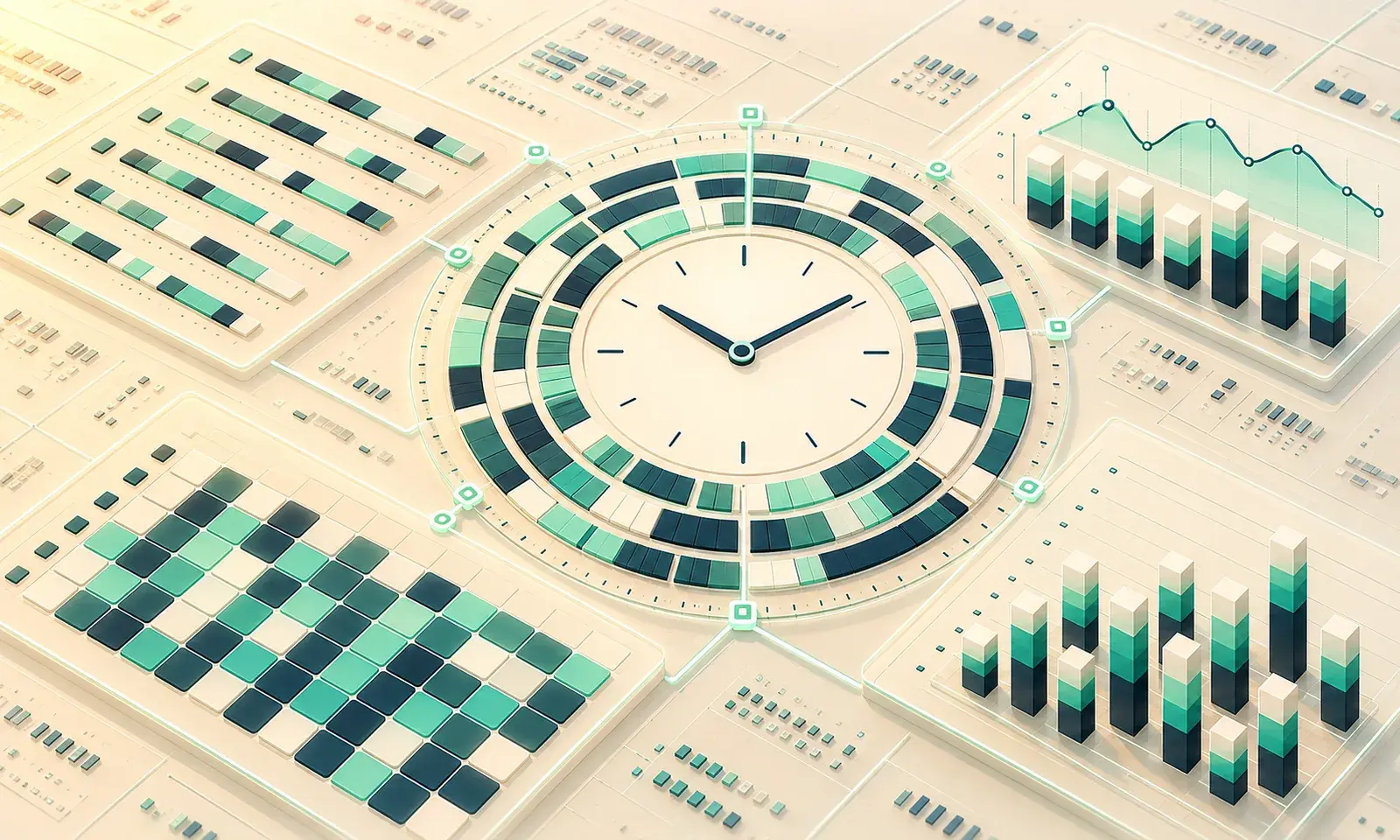 Illustrated time tracking dashboard with a clock, activity grids and charts