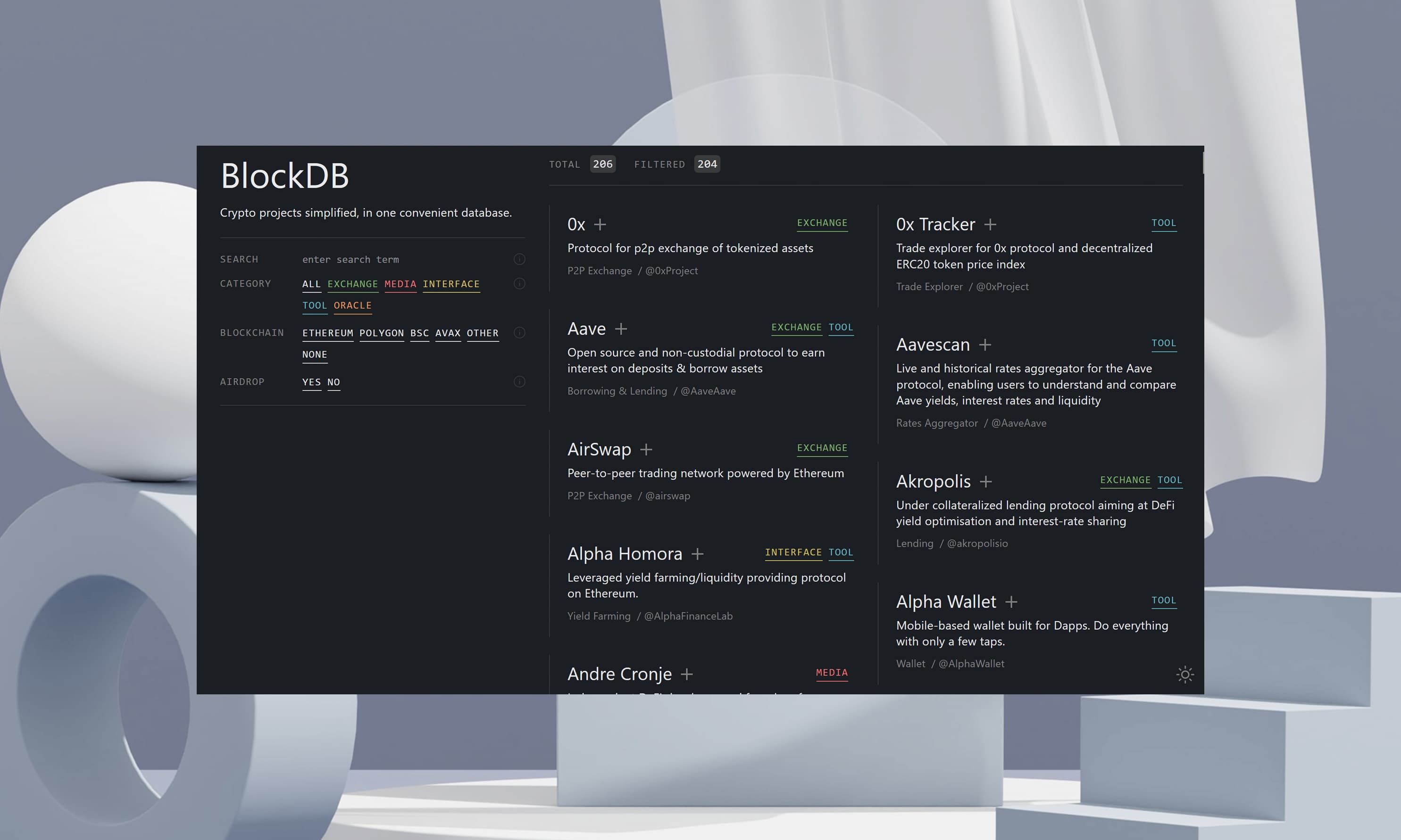 Screenshot of dark mode interface of BlockDB website.